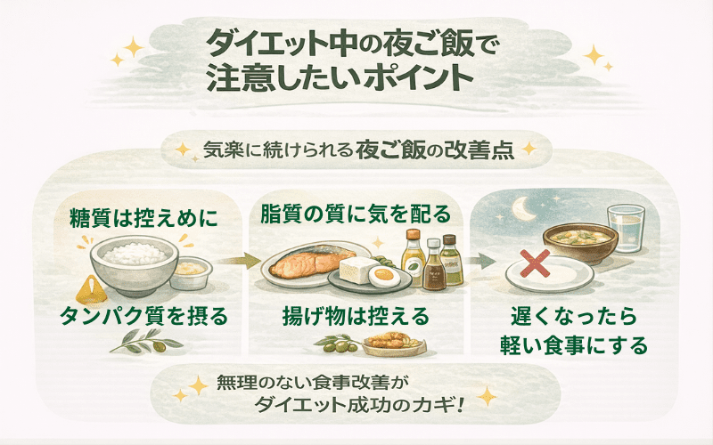 ダイエット中の夜ご飯で注意したい5つのポイントをイメージできる画像