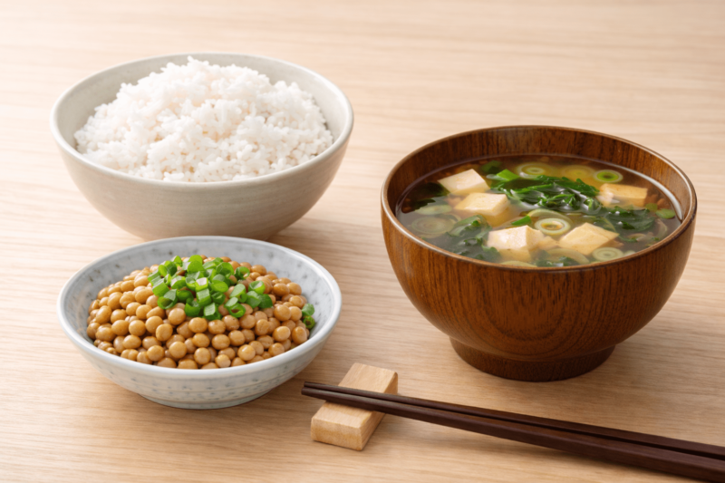 納豆＋ごはん＋味噌汁をイメージできる画像